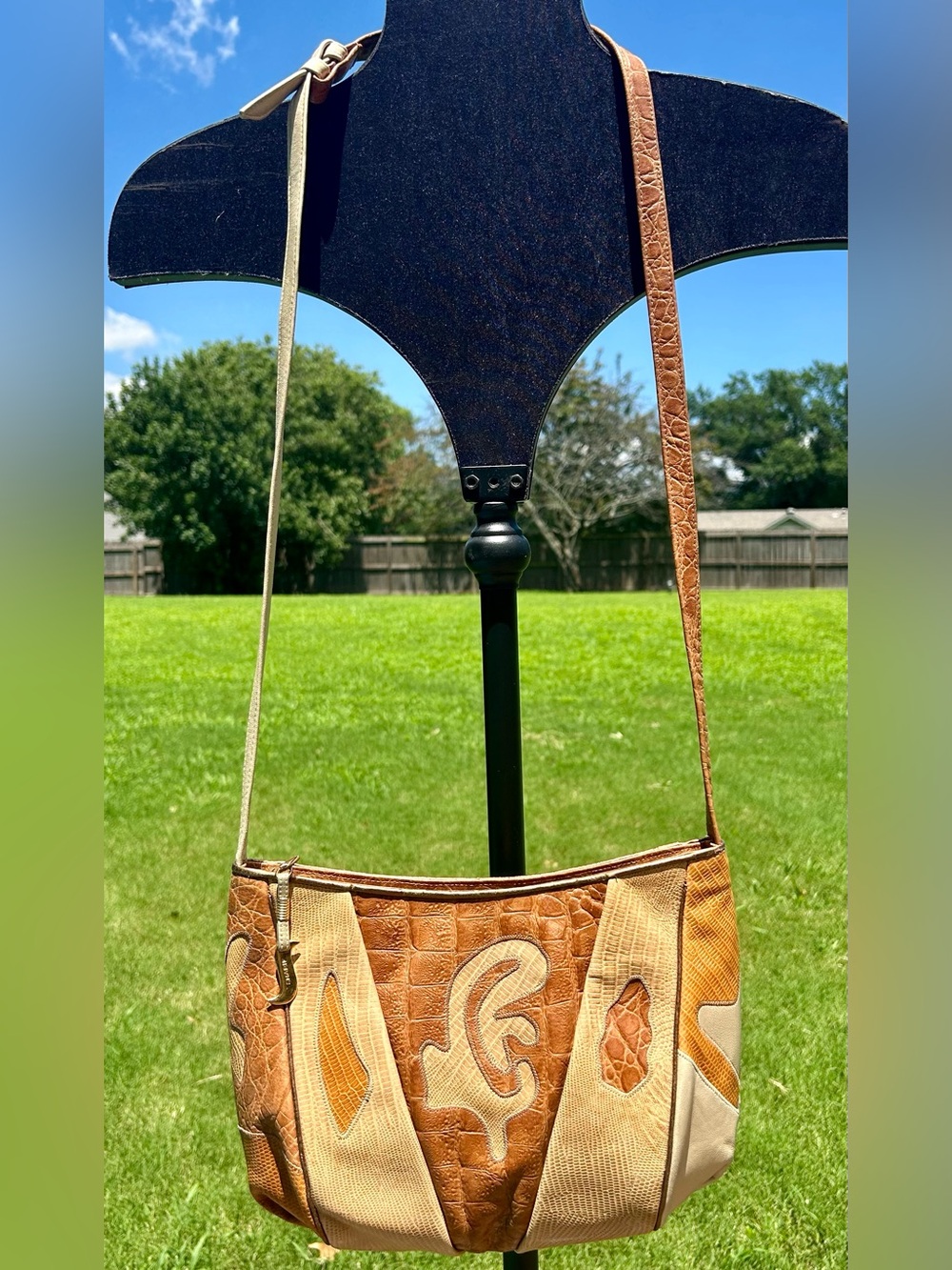 Vintage 80s Sharif Patchwork Leather Shoulder Bag Crocodile Snake Embossed Boho